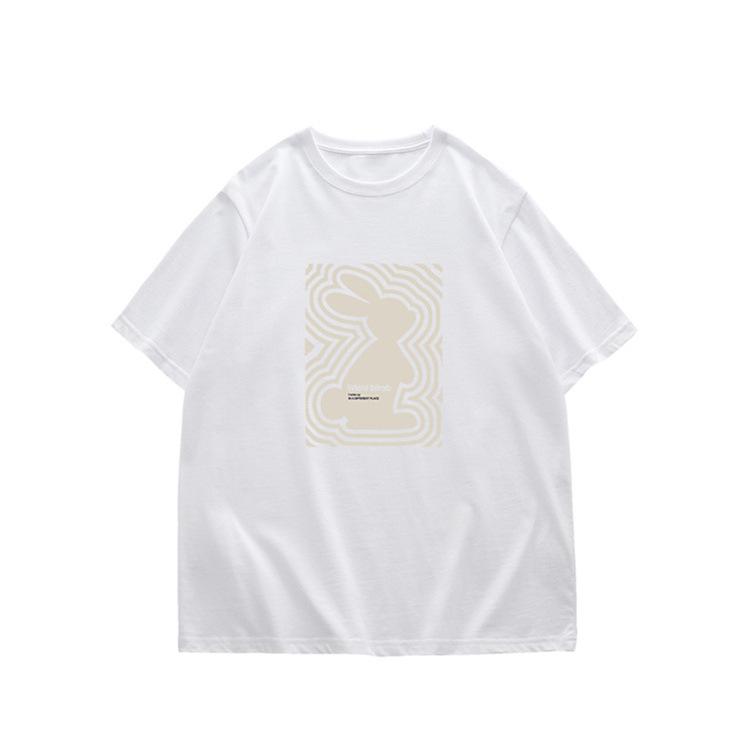 

Spring and summer 2025 new cotton short-sleeved women s t-shirt high-end retro cartoon rabbit print front shoulder top trendy M белый