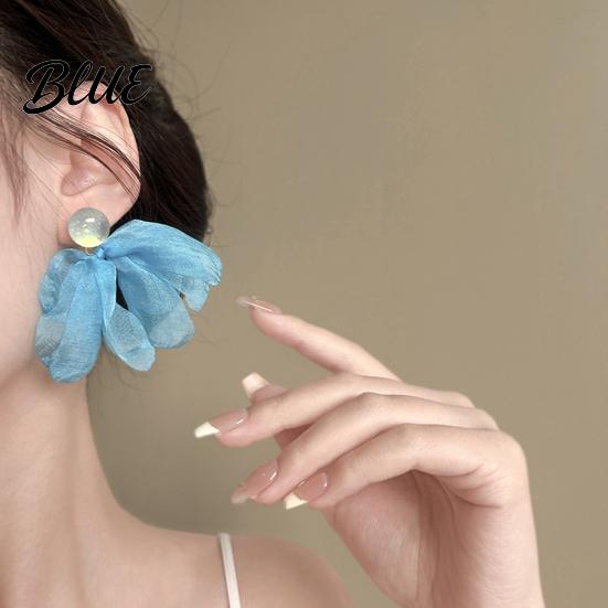 Simple Fashion Earrings Women Mesh Petal Drop Handmade Large Chiffon