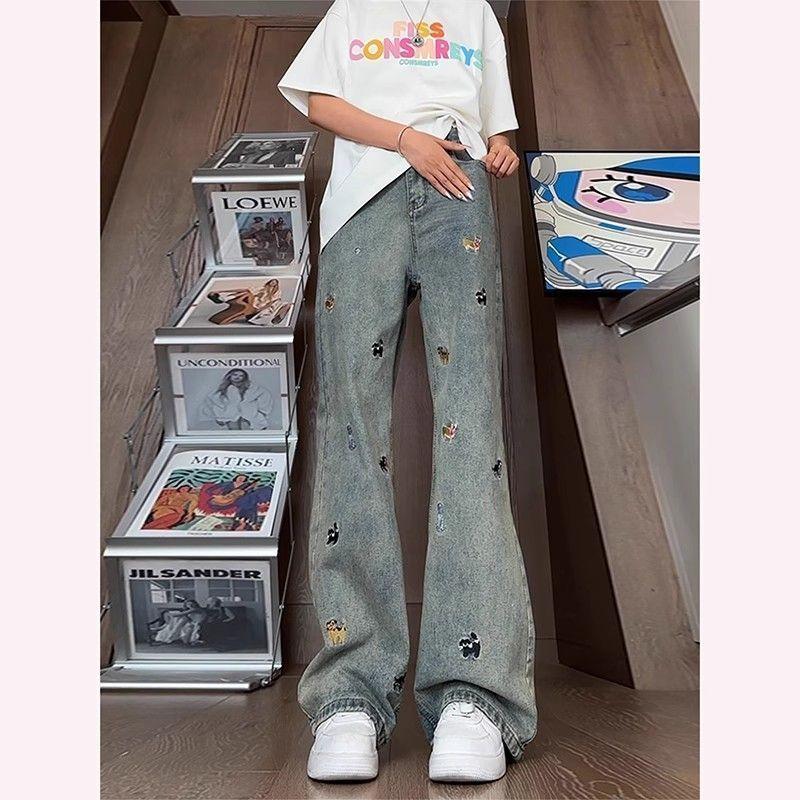 Embroidered Jeans for Women Spring and Autumn Large Size Loose Wide Legs Straight Leg Pants