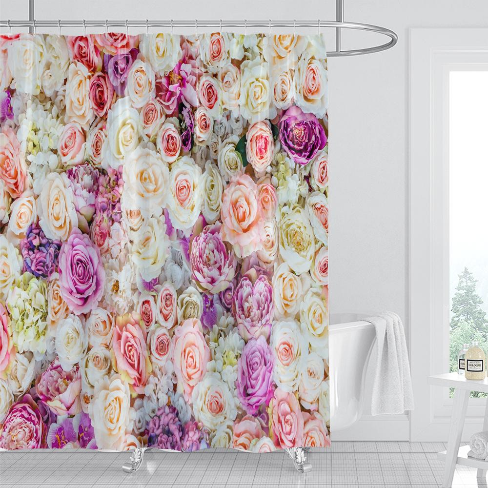 1Pcs Pink flower printing waterproof shower curtain,  Rose flowers wall bathroom decorative curtain with plastic hooks
