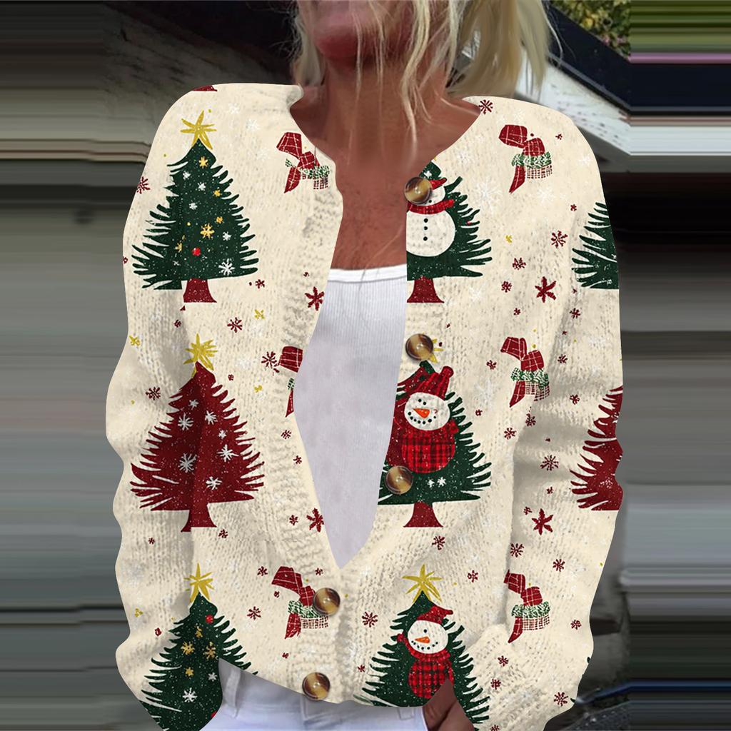 Women's Fashion Printed Long Sleeve Knitted Cardigan Button Down Jacket