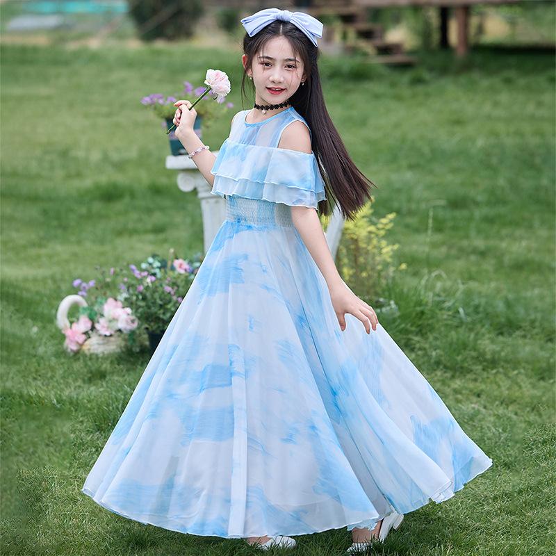 Kids Big Girls Floral Print Summer Princess Sleeveless Long Beach Dress 120cm