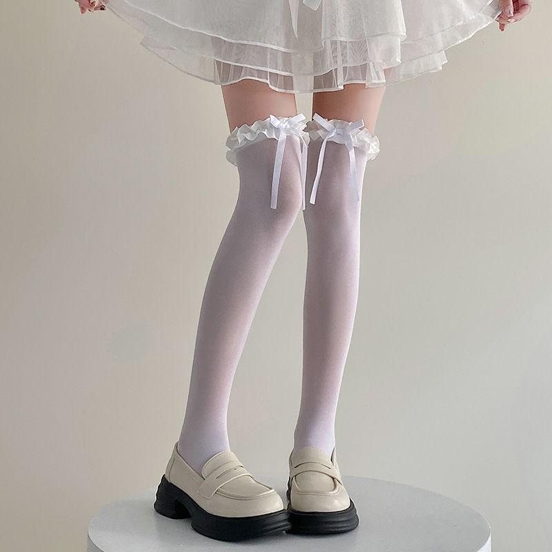 Japanese Velvet Knee Socks Spring and Summer Thin Lace Hold-Ups Pure Desire Wind Long Tube GirlJKUniform Lace Butterfly