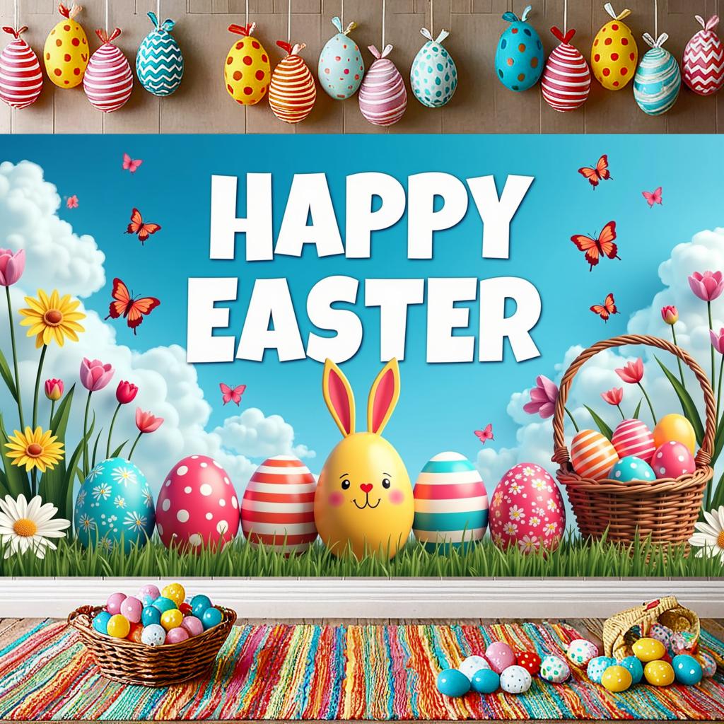 Happy Easter Banner Bunny Ears With Colorful Eggs Butterflies Backdrop Decorations Spring Celebration Background Party Supplies