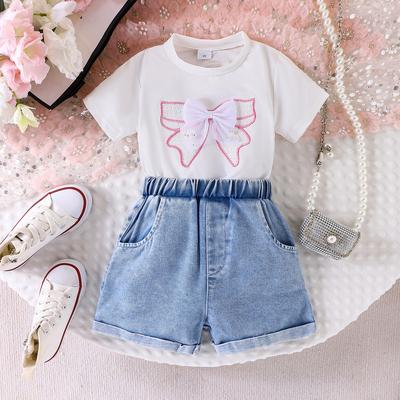 Mädchenmode-Set: Sommer Kinder Schleife Off-white T-Shirt mit Denim Shorts