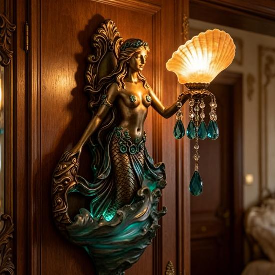 Mermaid Wall Sconce Vintage Resin LED Lamp for Bedroom Living Room Warm Glow Fantasy Decor Unique Gift for Ocean & Mythical Lovers