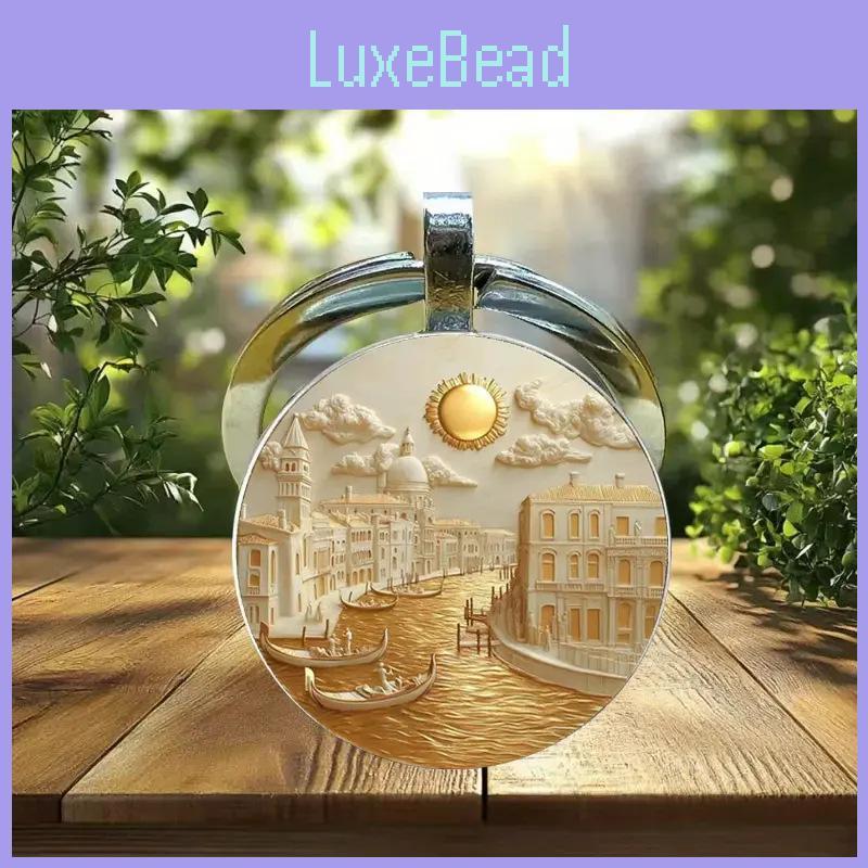 Water City Themed Glass Pendant Keyring With Zinc Alloy Construction For Collectors Gift
