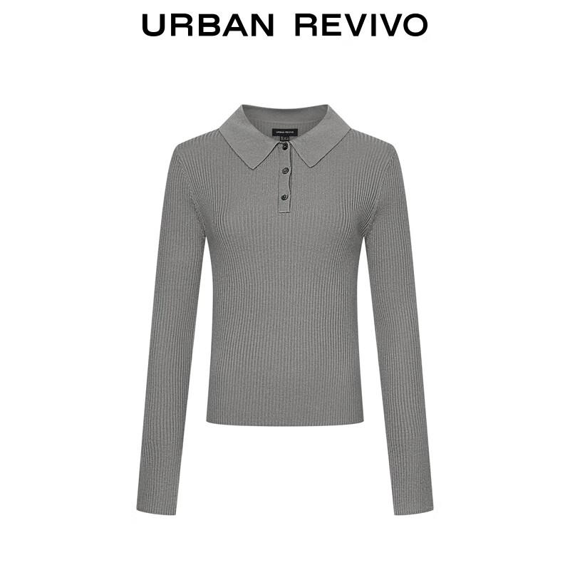 UR Women's Simple Grey Polo Long Sleeve Knit Top