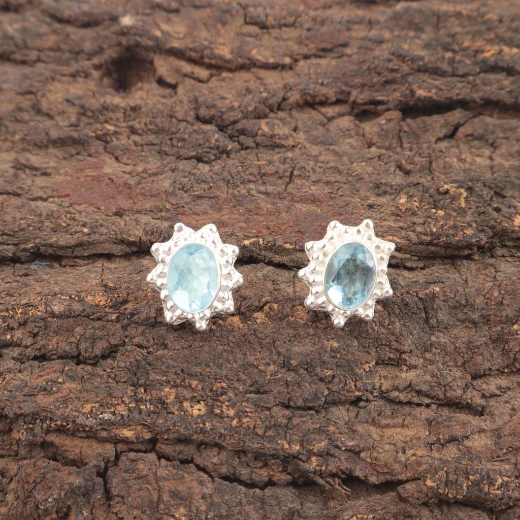 Sky Blue Topaz Gemstone 925 Sterling Silver Jewelry Handmade Stud Earrings 0.54" EE-151-9