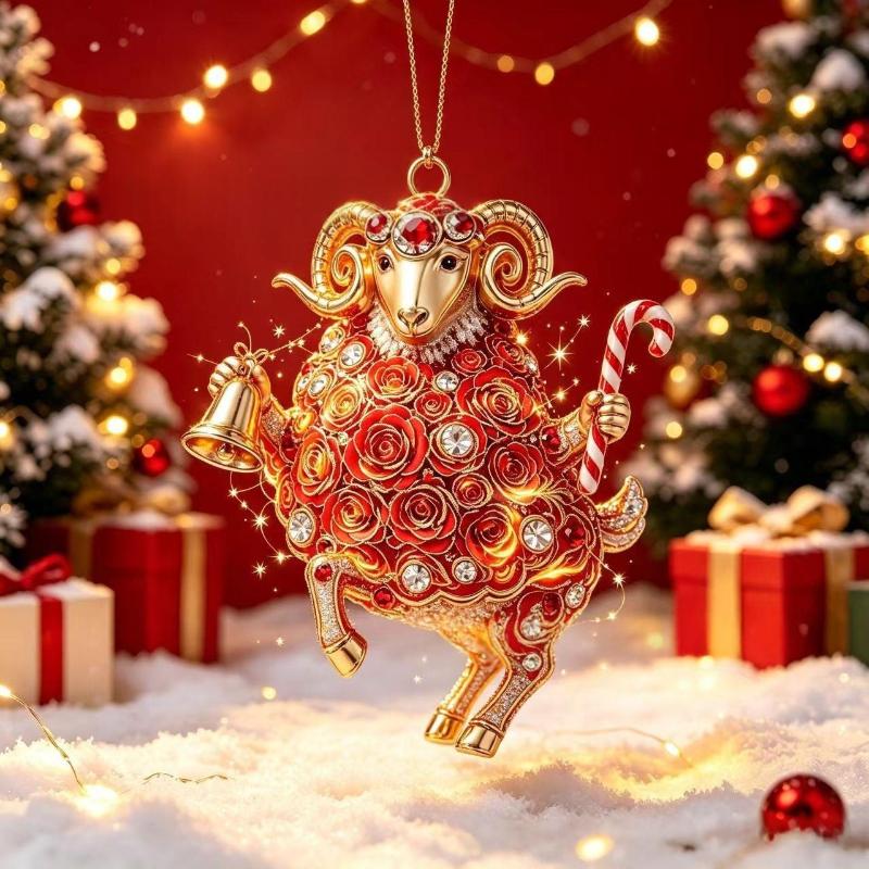 2D Flat Acrylic Red Gold Chinese Zodiac Goat Christmas Hanging Pendant Xmas Tree Ornament New Year Car Pendant