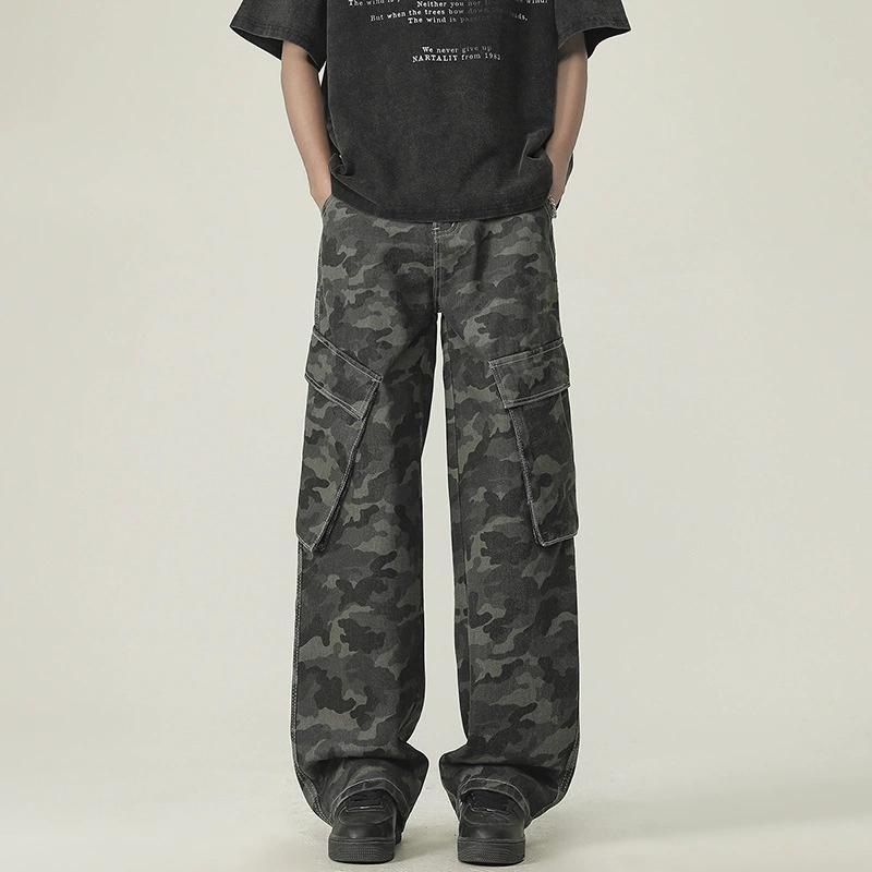 Pantalones de Trabajo de Camuflaje de Primavera para Hombre y Mujer, Tubo Recto de Corte Holgado, Multibolsillo de Pierna Ancha Casual