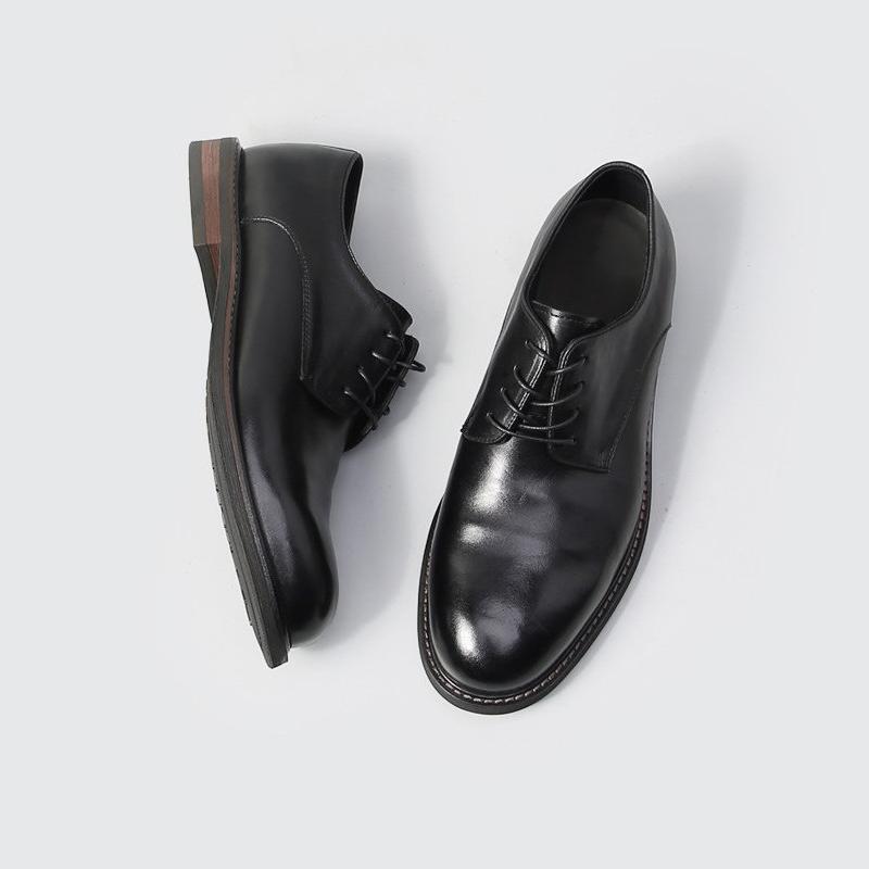 Mens Handmade Genuine Leather Oxford Shoe British Vintage Round Toe Thick Heel Casual Shoes Low Top Lace Up Men'S Business Shoes
