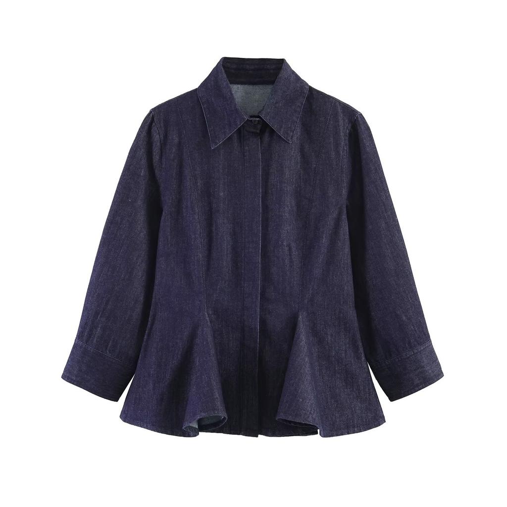 Women Lapel Button Long Sleeve Shirt Skirt‑Style Hem Solid Color Casual Blouse Top