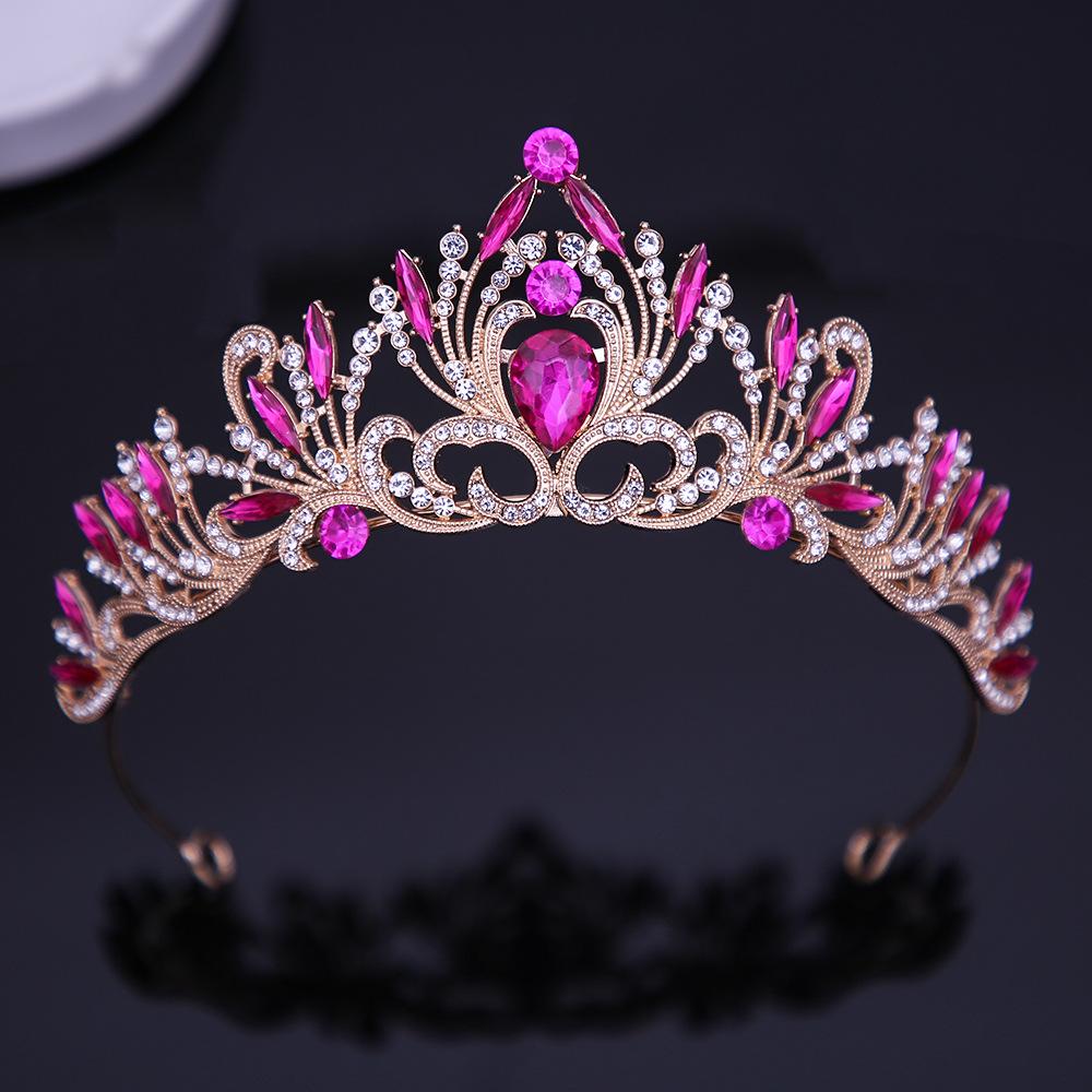DIEZI Elegant Korean AB Pink Red Crystal Tiara Crown Women Girls Party Wedding Princess Rhinestone Bridal Crown Hair Jewelry
