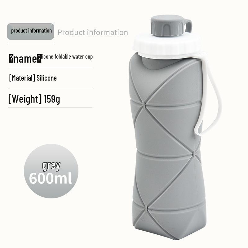 Silicone Foldable Water Cup: Heat-Resistant, Drop-Proof, Portable, Telescopic Kettle with Box for Outdoor Sports and Travel 600ml серый