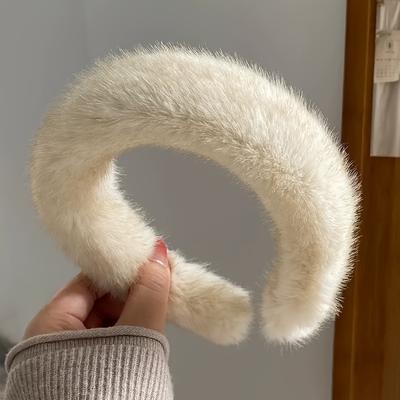 1pc 's Faux Fur Headband - Wide Plush Winter Hair Accessory with Soft Fluffy Trim, Beige/Black/Brown/Pink/Grey/White - Warm Face