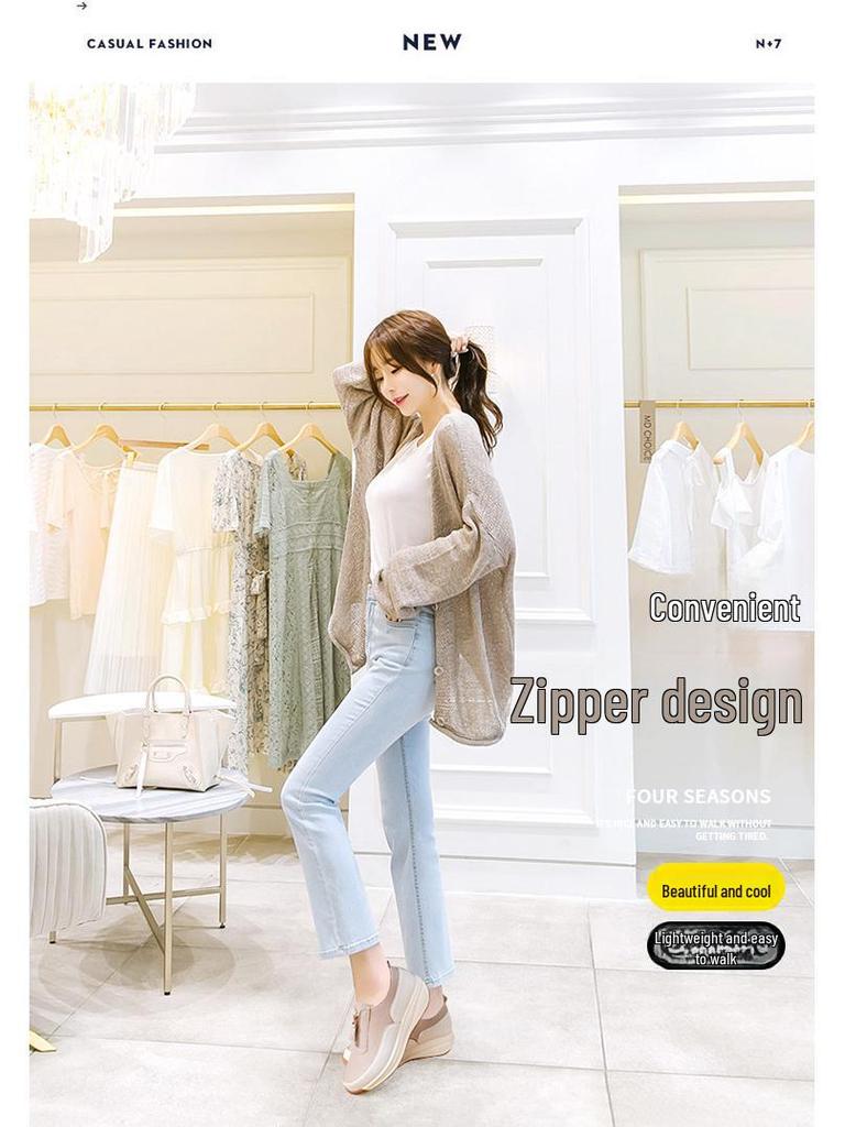 Pantofi sport pentru femei, primăvara 2025: Design cu fermoar gol, vârf din piele naturală, mărime mare, talpă groasă, stil de mamă.