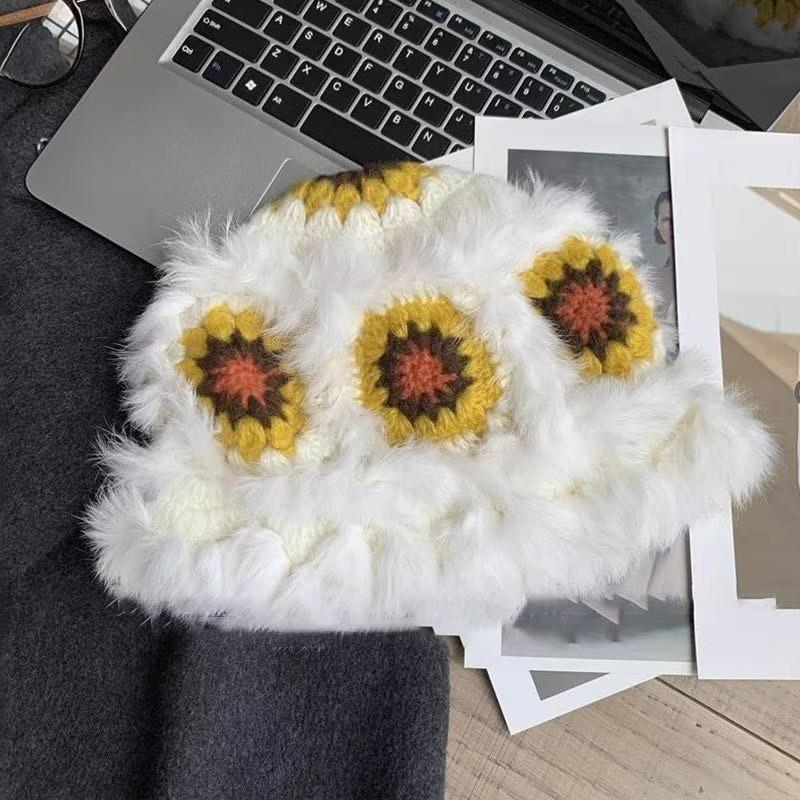 Neuer echter Kaninchenfell-Wollhut Damen Herbst und Winter niedlicher Plüsch warmer Löwenhut handgefertigt, um ein kleines Gesicht zu zeigen