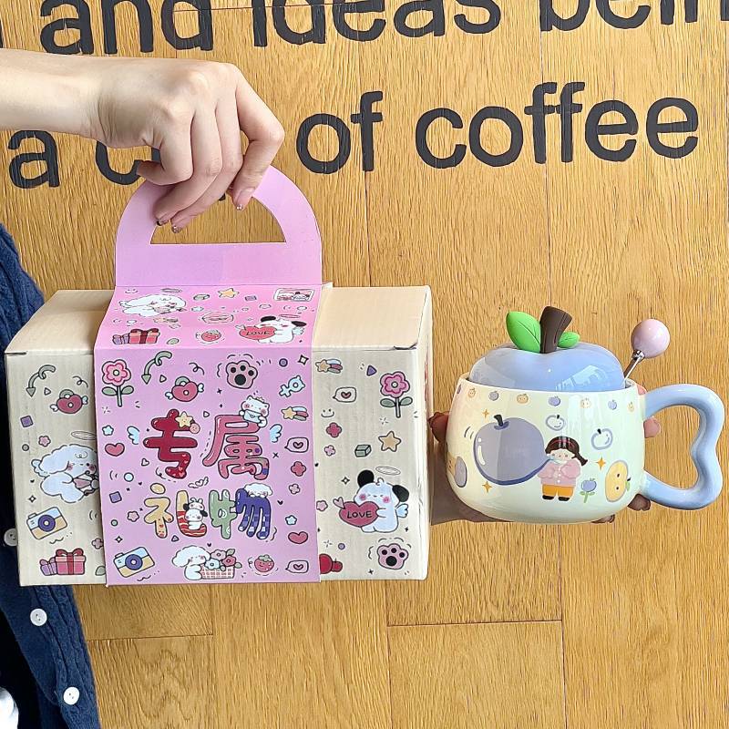 Birthday Gift for Girls Cute Fruit Girl Ceramic Mug with Lid Couple Best Friend Souvenir Gift Box