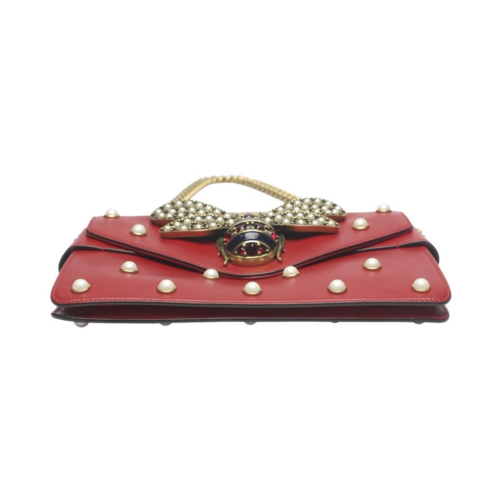GUCCI 2WAY bag Broadway Pearl Bee Handbag leather Red Women 453778 Used