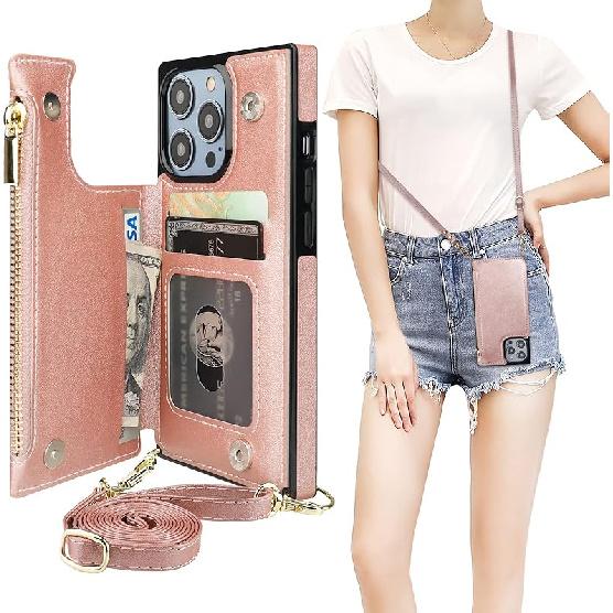 Bocasal Crossbody Wallet Case for iPhone 14 Pro with RFID Blocking Card Slot Holder, Magnetic Flip Folio Purse Case, PU Leather Zipper Handbag with