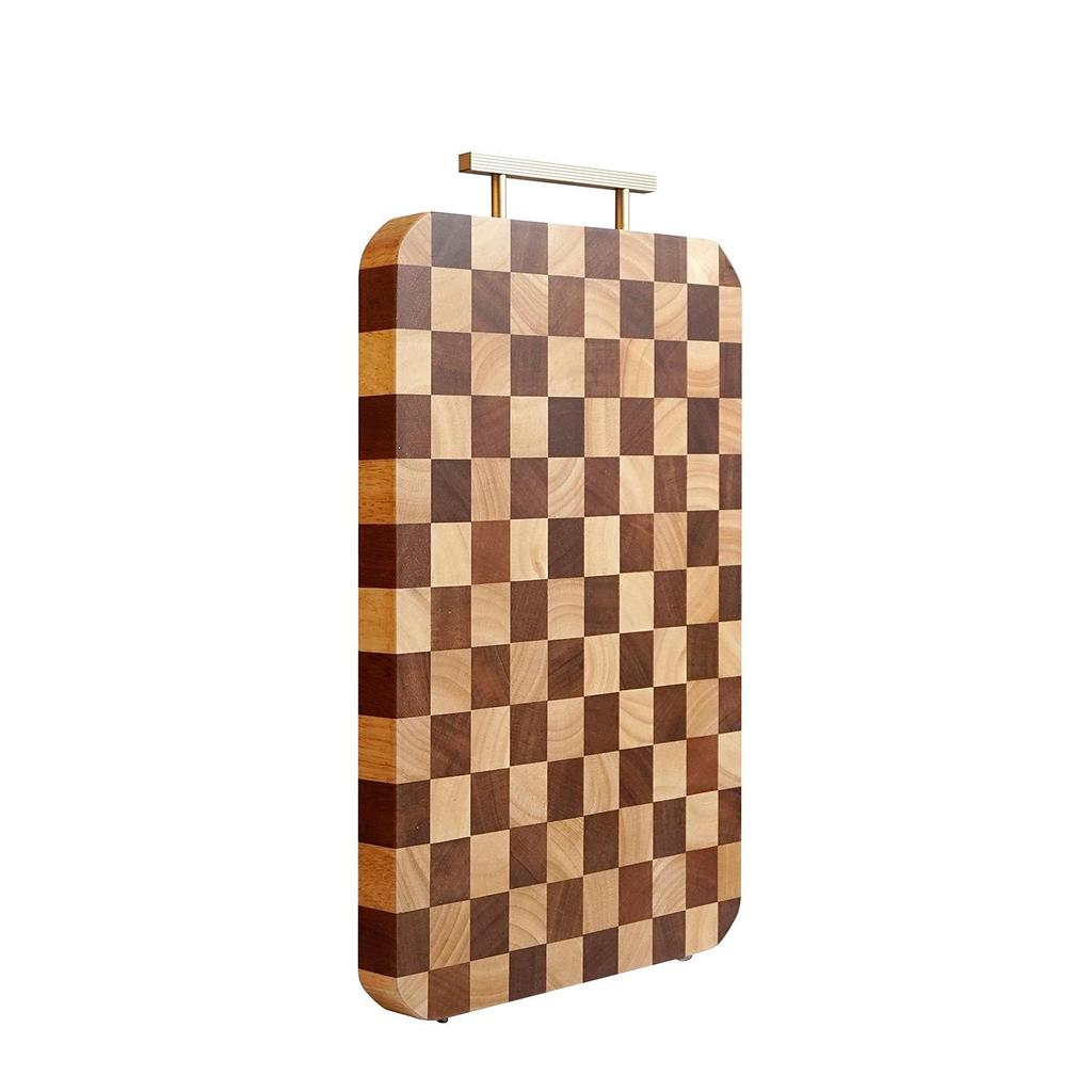 Thickened Rubber Wood Checkerboard Cutting Board with Stainless Steel Handle