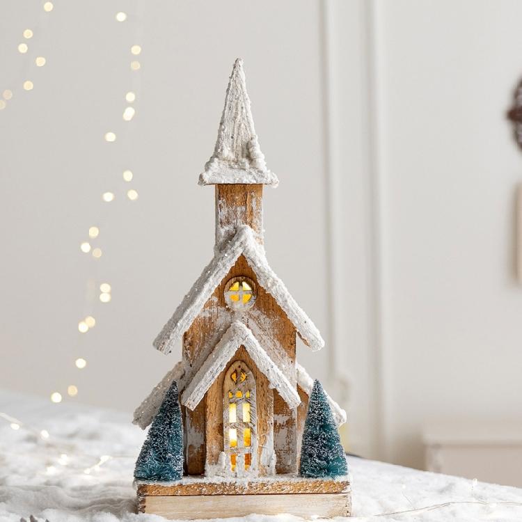 Table Display Christmas Cottage Ornament with Light Effect, Wooden Snow Cabin Decoration for Tabletop Shelf Styling