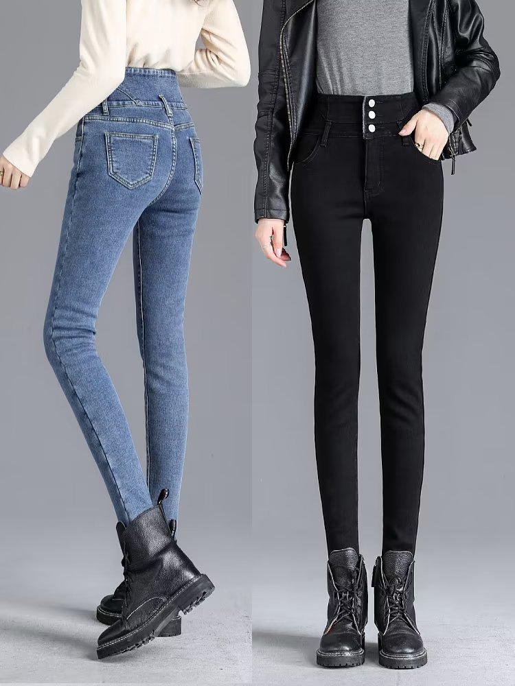 High-Waisted Fleece-Lined Skinny Denim Leggings with Multiple Buttons for Women - Perfect for Autumn & Winter