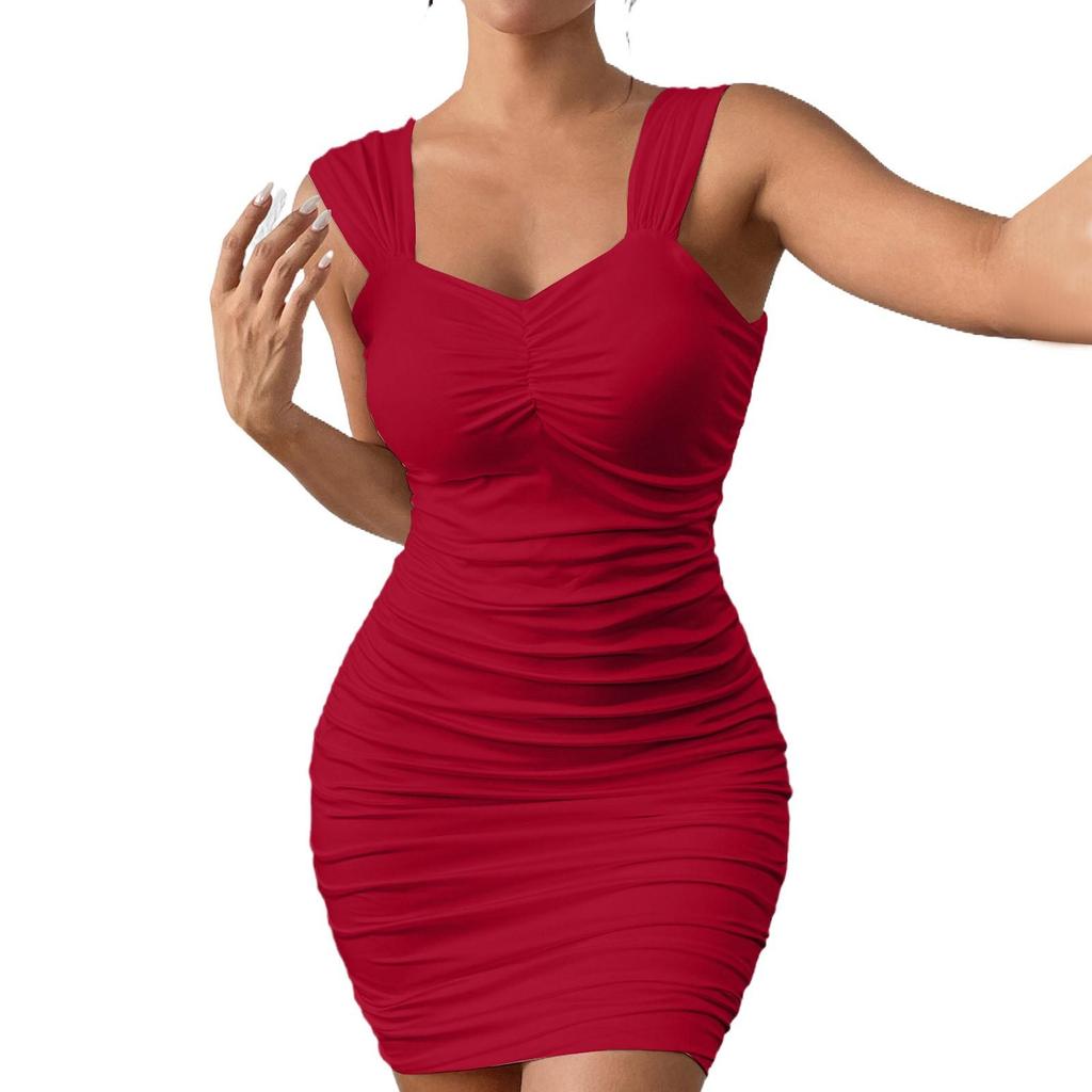 Women's Fashion Solid Color Suspender Pleated Waist Dress Summer