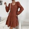 Spring and Autumn Women's Dress Cake Pleated Dresses Long Sleeve Loose Cotton Linen Dresses