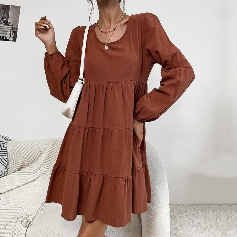 Spring and Autumn Women's Dress Cake Pleated Dresses Long Sleeve Loose Cotton Linen Dresses