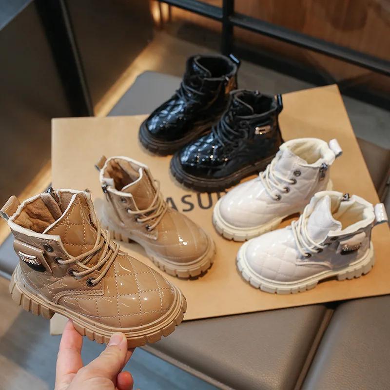 Kids Fashion Boots Glossy Non-slip Boys Girls Ankle Boots Thick Soft Sole 2024 Winter New Children Short Boots with Size Zipper