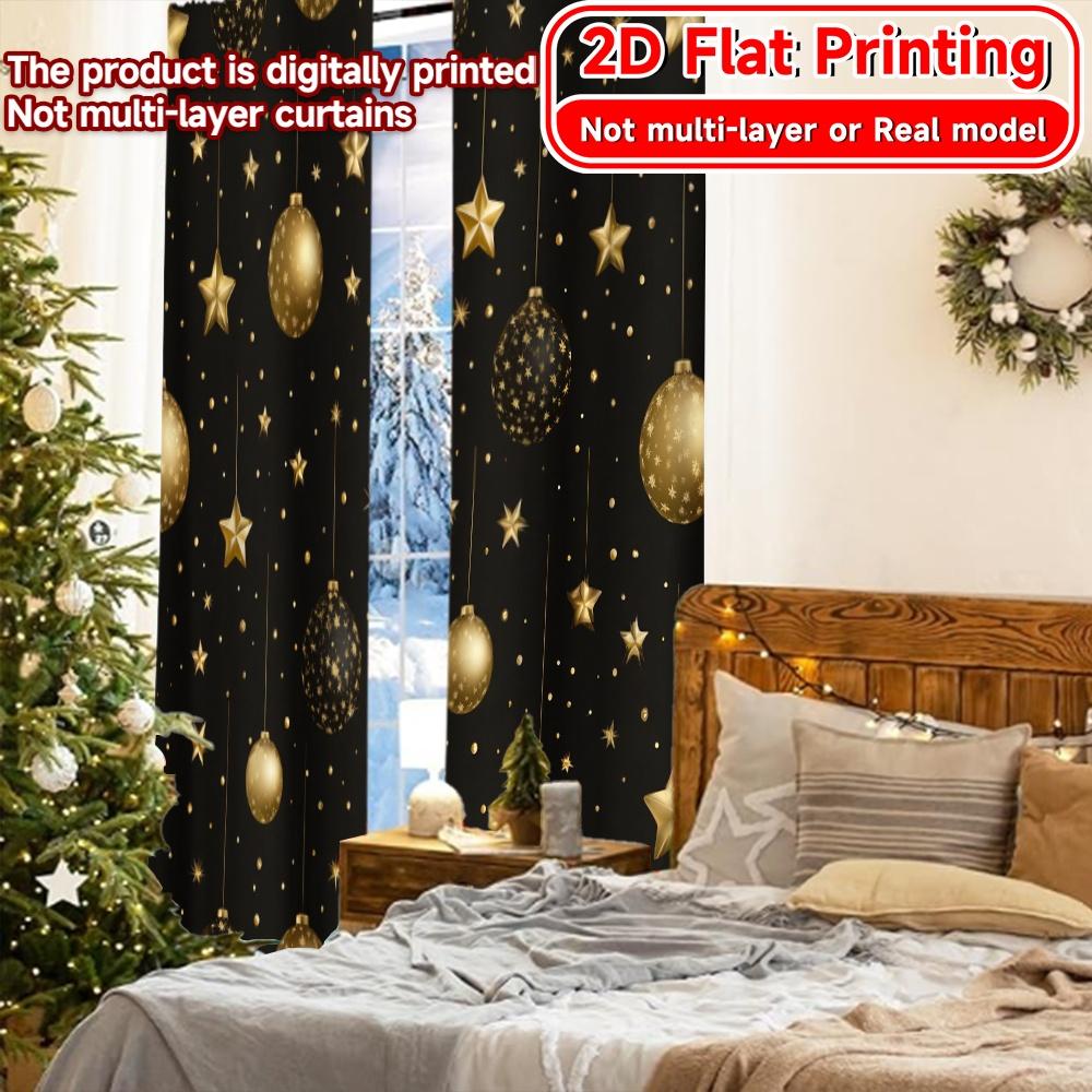 Set Of 2 Modern Flat Printing Golden New Year Curtains Polyester Decorations Perfect Curtain Semi Sheer