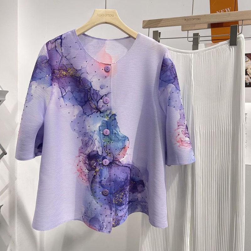 New Fashionable Printed Pleated Round Neck with a Five Quarter Sleeve Short Jacket, Elegant and Loose Fitting, Covering Flesh