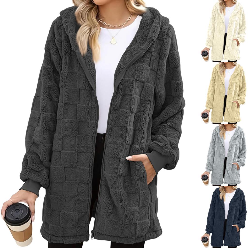 Women's Fashionable Casual Warm Thick Checkered Plush Mid-length Elegant Button And Zipper Cardigan Coat