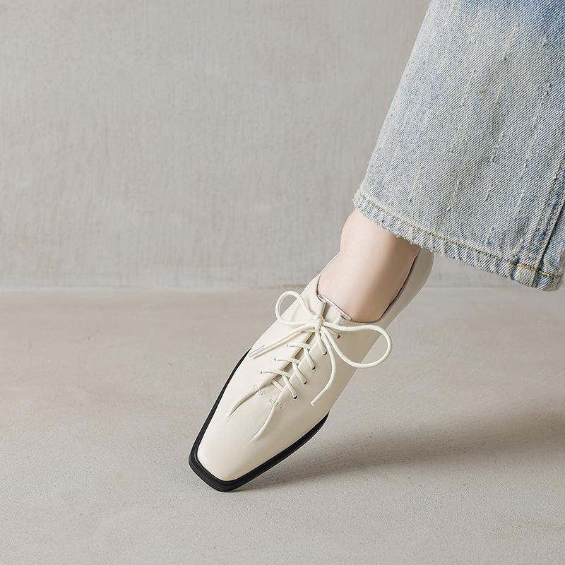Fashion 2025 New Spring Genuine Leather Women Pumps Shoes for Women Fashion Buckle Squared Toe Loafers Shoes for Women Med Heels Ladies
