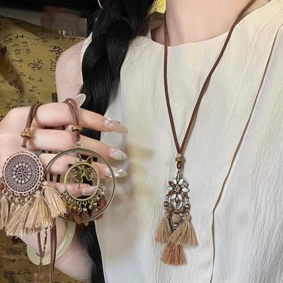 Tassel Ethnic Style Necklace Wood Bohemian Style Necklace Retro Long Sweater Chain  Party