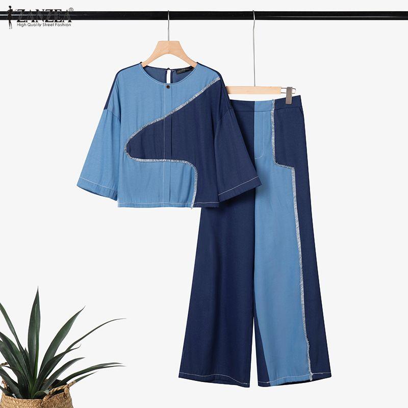 ZANZEA Women Half Sleeve Blouse and Long Pants Patchwork Casual Two Piece Suit Sets