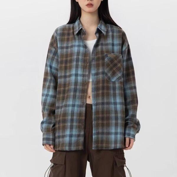 

Женская рубашка с длинным рукавом в американском ретро-клетку - Осенний шик, Свободный крой, Высококлассный стиль пиджака пике XXL коричневый