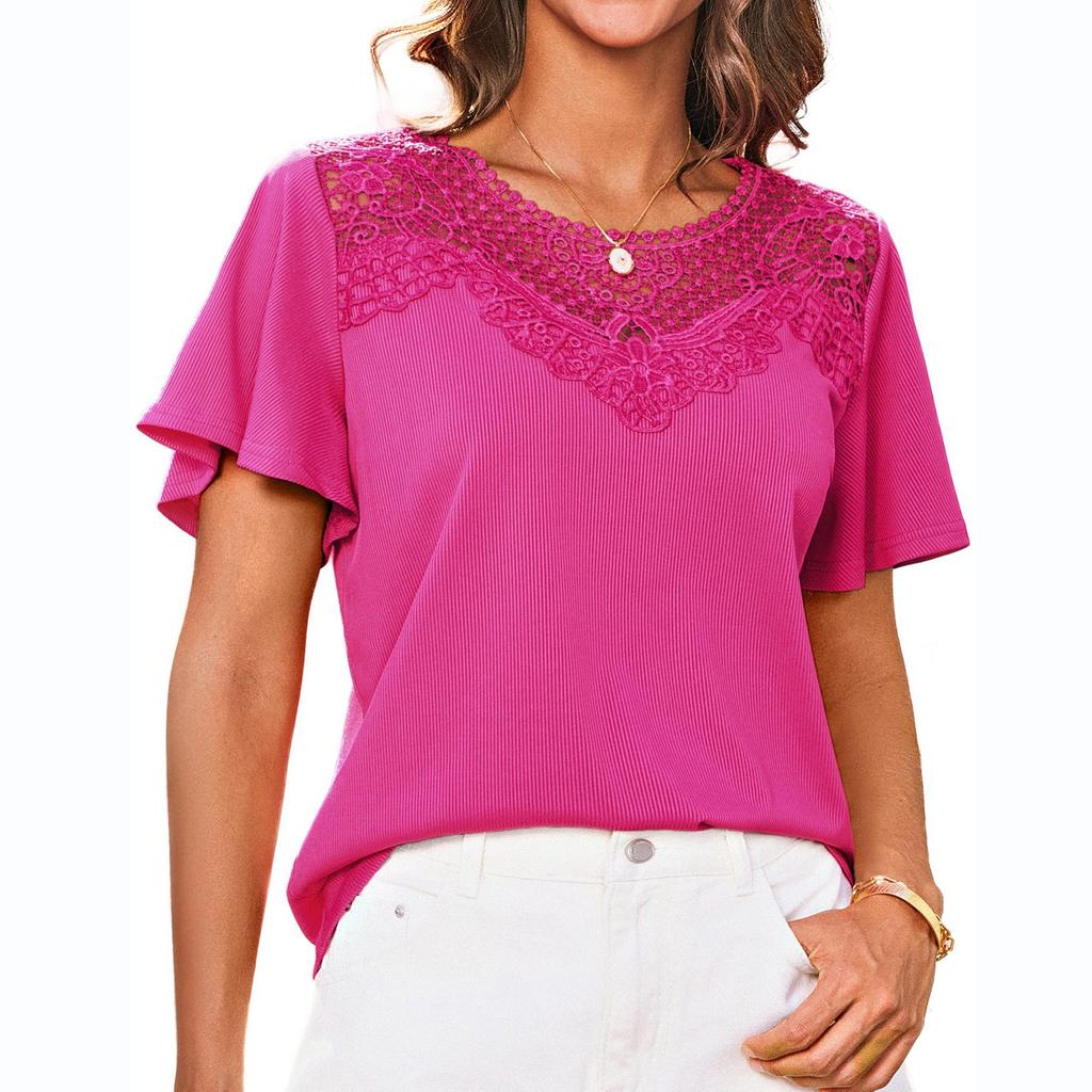 Women's Fashionable Casual Ice Silk Pleated Lace Round Neck Short Sleeve