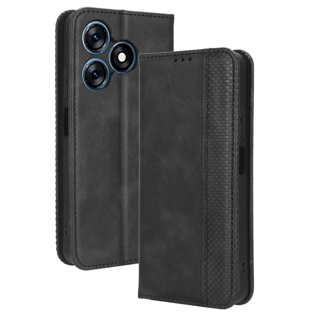 

For TECNO Spark 10 4G PU Leather Vintage Phone Case Wallet Stand Folio Protective Cover Black