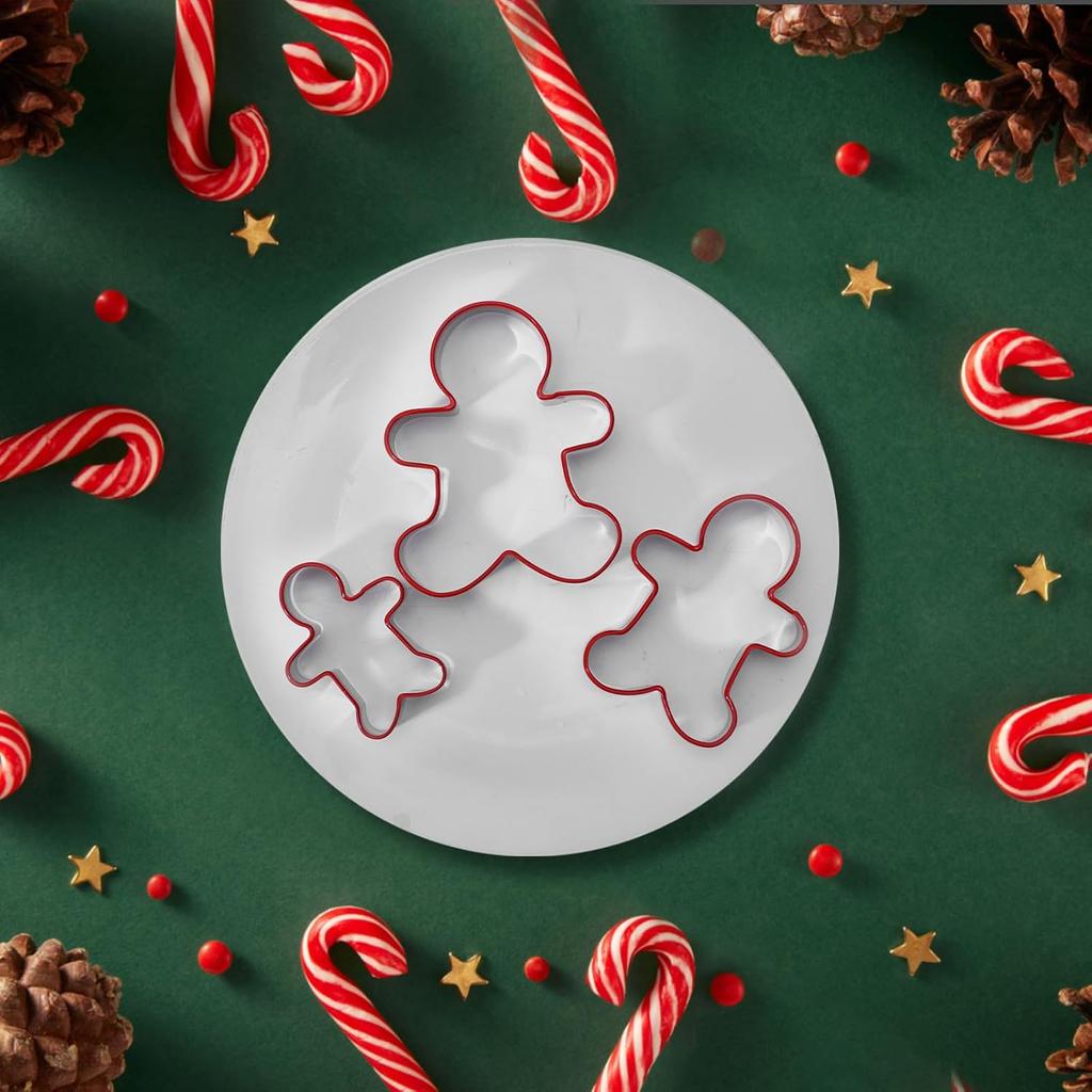 Gingerbread Man Cookie Mould Set of 3 Stainless Steel Silver Red Coated Christmas Baking Tools