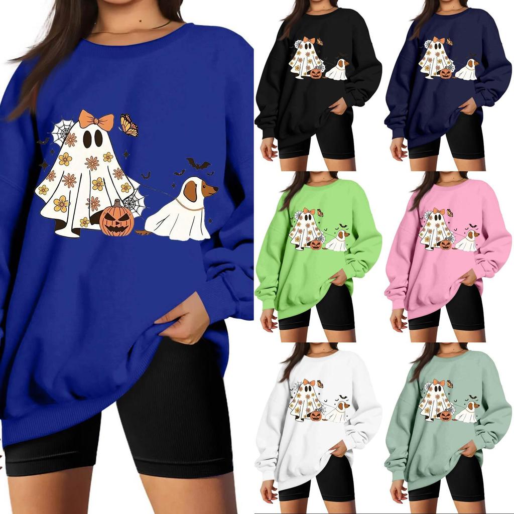 Women's Neck Long Sleeve Loose Fit Casual Sweatshirt Pullover Top with Halloween Print