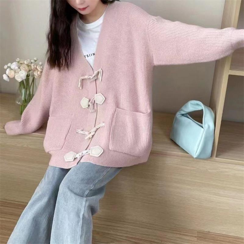 Horn Buckle Loose V-neck Sweater Jacket Autumn and Winter Women's Clothing Wear Lazy Wind Outside Casual Versatile Knitted Cardigan