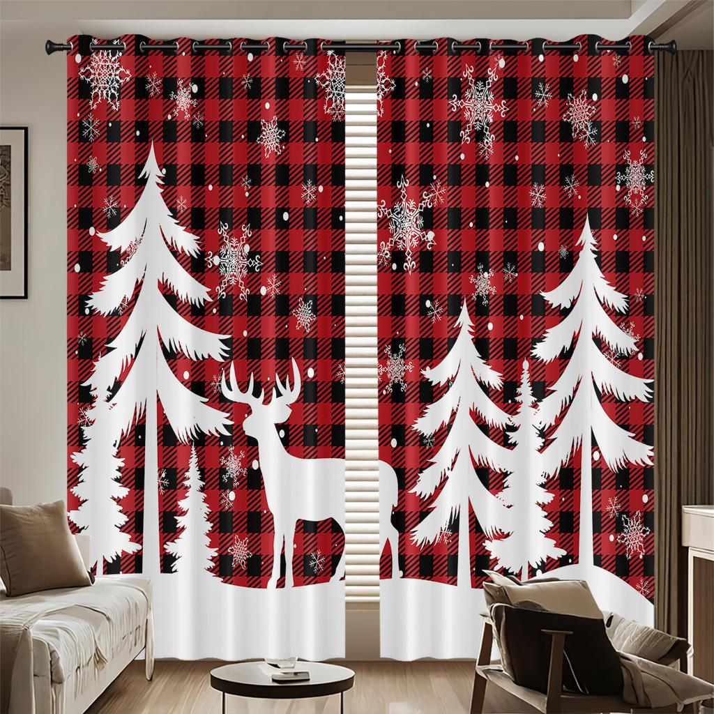 Blackout Christmas Reindeer Print Perforated Curtains Multiple Size Bedroom Insulation Holiday Decoration Easy Installation Curtain Set Of 2 Made
