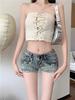 2024 Damen Low Waist Denim Shorts - Blau Raw Edge Straight Hotpants