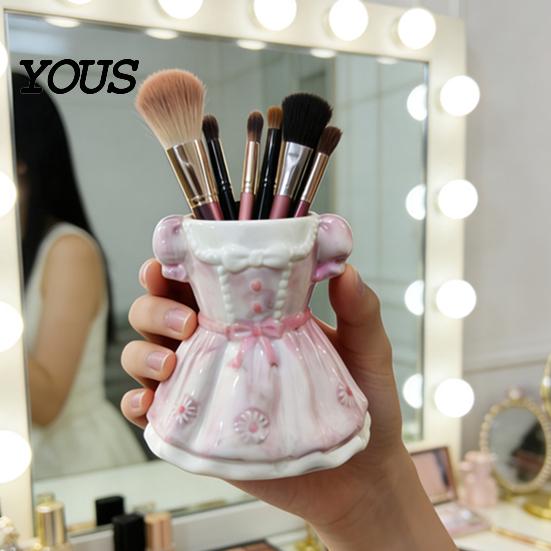 Desk Organizer Bow Dress Pencil Cup, Ceramic Organizer, Cute Makeup Stationery Brush Holder for Girls Room, Office Gift Women