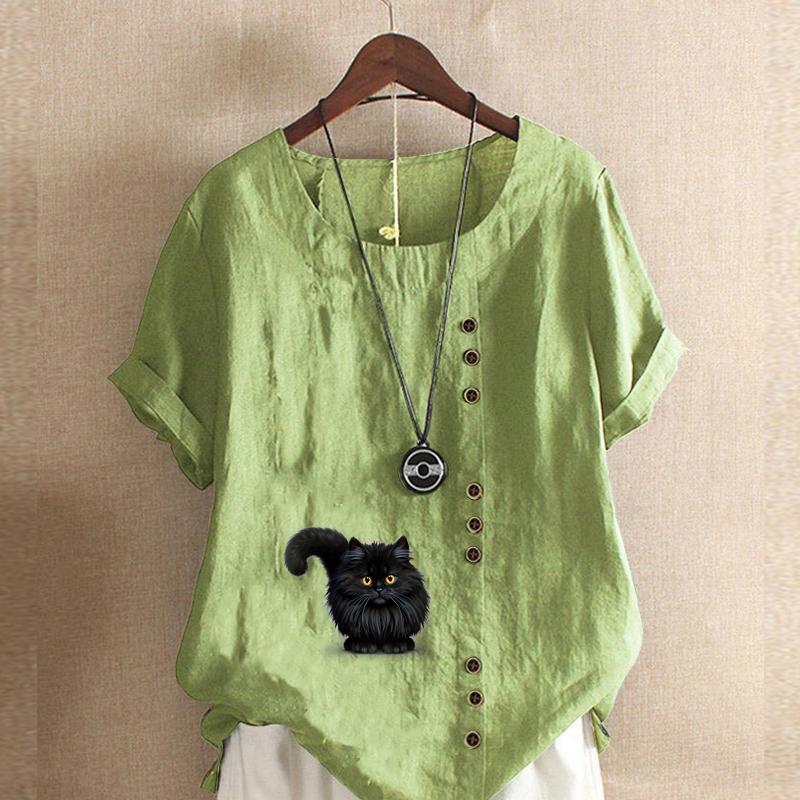 Women's Fashion Black Cat Prined Round Neck Short Sleeve T-shirt Casual Cotton Linen Graphic Shirt Leisure Loose Summer Blouse Tops