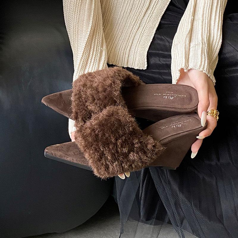 Fur Warm Women Pumps Wedges Shoes Female High Heels Footwear Pointed Toe Ladies Heeled Slides Sandals Wedges Shoes