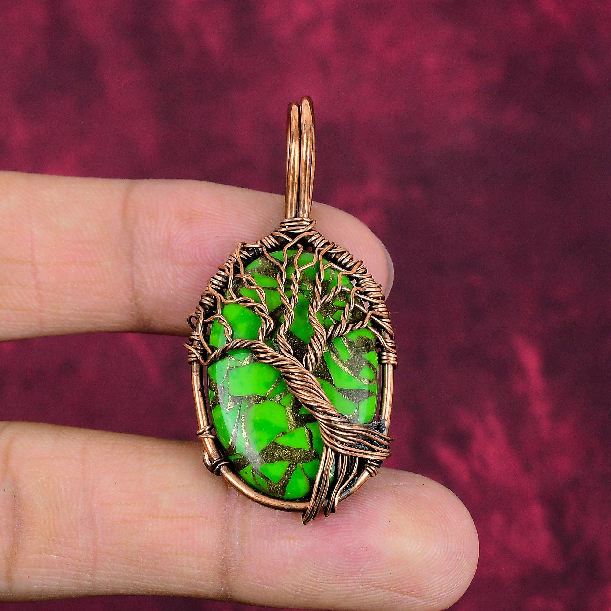 Tree Of Life Copper Green Turquoise Pendant Copper Wire Wrapped Gemstone Jewelry